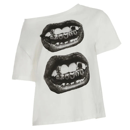American Street Hip Hop Mouth Print Loose T-shirt Women Personalized Casual Top
