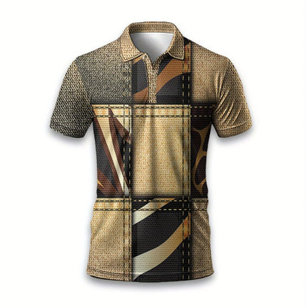 Men's Casual Short-Sleeved Polo Shirt with Retro Patchwork Pattern, Printed, Business Casual Style, Suitable for Playing Golf