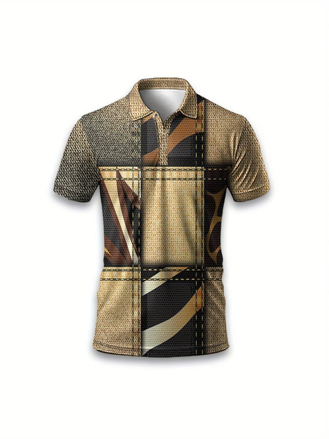 Men's Casual Short Sleeved Polo Shirt with Retro Patchwork Pattern Printed Business Casual Style Suitable for Playing Golf