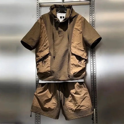 Fashionable Workwear Breathable Quick-drying Sports Suit Men's Textured Casual Hooded Short-sleeved Shorts Two-piece Set