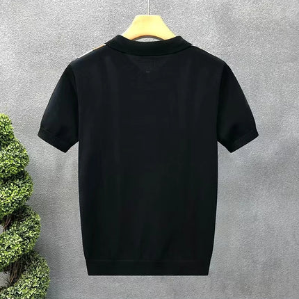 Summer New Men Slim-fit Luxury Knitted Polo Shirt Striped Patchwork T-shirt Casual Zipper Short Sleeve Tops Business Knitwear