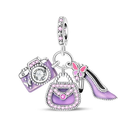 925 Sterling Silver Inlaid Heart-Shaped Beads & Rose Dangle Charm Fits Snake Bracelet Boutique Necklace Purple Pendant Gift