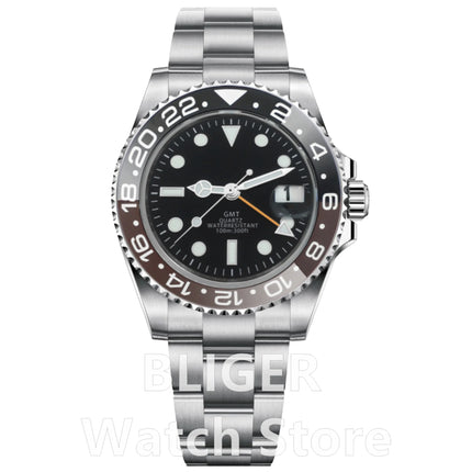 BLIGER 40mm 515 24H GMT Men's Watch Stainless Steel Clasp Luminous Quartz Movement Ceramic Bezel Sapphire Glass 10Bar Waterproof
