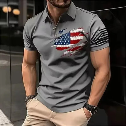 Men's Polo Shirt 3D American Flag Printed Men's Loose Street Casual Short Sleeve Top