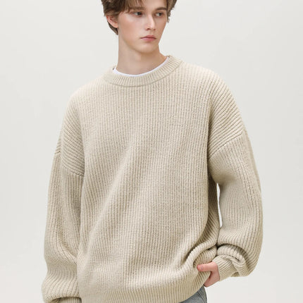 Men's 18oz Heavyweight Chunky Knit Sweater Basic Crew Neck Solid Color Textured Streetwear Winter Thermal Non-Scratch Top