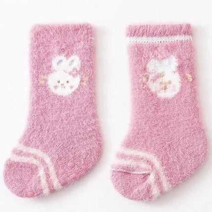 3 Pairs Kids Winter Socks Cute Cartoon Bear Rabbit Thick Plush Warm Middle Tube Socks for Boy Girl Newborn Anti-Cold Sleep Socks