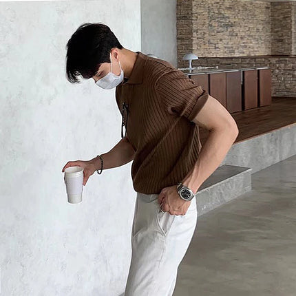 Summer Men's Retro Knitted Lapel Striped Polo Shirt Solid Color Short Sleeve Fashion Light Luxury Popular Knitwear M-3XL