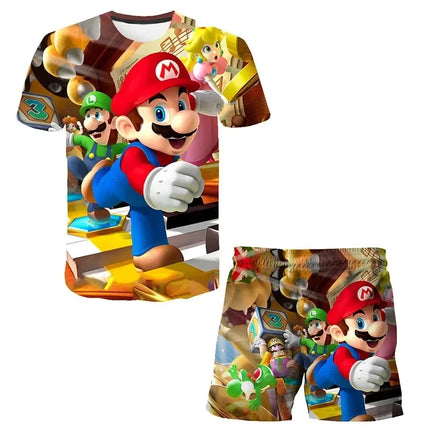 2026 Super Mario Boys 3D T-shirt Set Boys and Girls Cute Summer Top + Shorts Children's Short-Sleeve Birthday Gift Boys Clothes