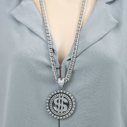 A Trendy Dollar Pendant Necklace with a Unique Style, Featuring a Diamond-Encrusted Dollar Cuban Chain