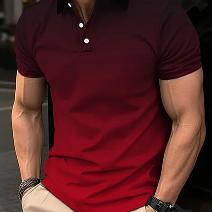 Men's fashion gradient color shirt polo lapel golf shirt short-sleeved printed button clothing, fashionable design, casual and b