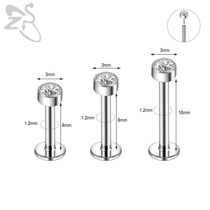 ZS 6-13PCS/LOT 16G Stainless Steel Lip Labret Piercing Set Crystal Monroe Lip Stud Ear Tragus Helix Cartilage Piercing 6/8/10mm