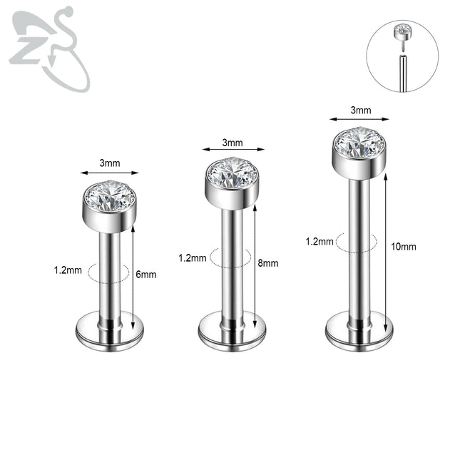 ZS 6-13PCS/LOT 16G Stainless Steel Lip Labret Piercing Set Crystal Monroe Lip Stud Ear Tragus Helix Cartilage Piercing 6/8/10mm