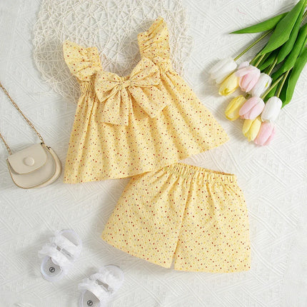 Two Piece Set Baby Girl Suit Summer Bowknot Full Printed Love Girls Beach Set Cute Top Shorts Girls Two Piece Set