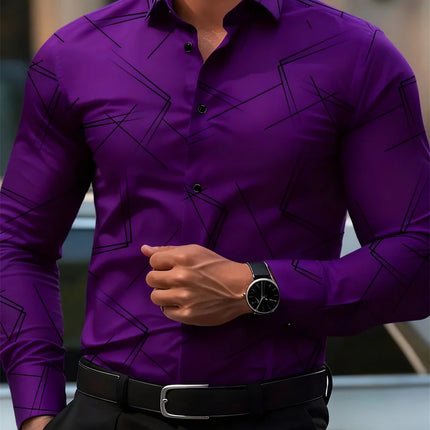 Men's trendy geometric line print long-sleeved shirt Business casual fashion design slim fit non-iron versatile ins style shirt