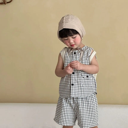 RAISE 2026 Summer Children Outfit Muslin Peter Pan Collar Kids Girls Sleeveless Dress Thin Plaid Tank Top Vest+loose Shorts Suit