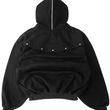 Black Hooded Jacket with Zipper And Metal Buckle Wool Lined Warm Casual Streetwear Loose Work Pants Winter Fashion Set