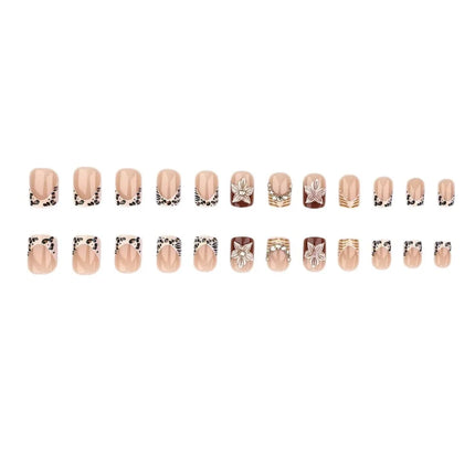24pcs Leopard Print French False Nail Spicy Girls Flower Brown Short Square Fake Nails with Diamond Design Press on Nails Sets