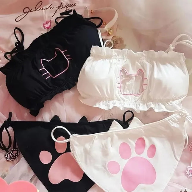 Erotic Hot Cosplay Uniform Bra Panties Set Women Intimates Kawaii Lolita Hollow Bra Kit Japanese Anime Cat Uniform Sexy Costumes