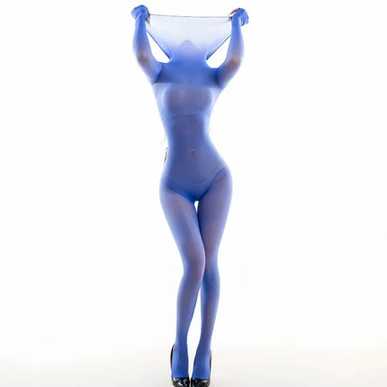 High Neck Bodystocking Jumpsuit Lady Oil Shiny Transparent Bodysuits 5D Ultra-thin Long Sleeve Catsuit Pantyhose Erotic Lingerie