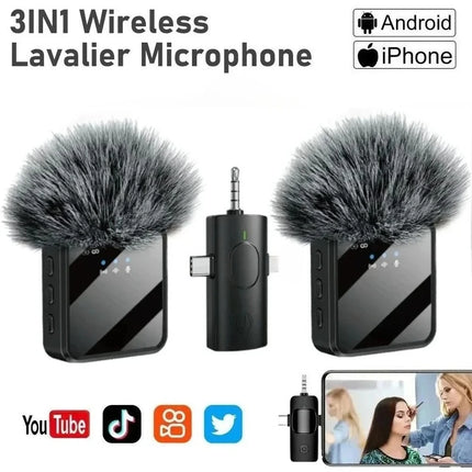 3in1 Wireless Lavalier Microphone for Camera,Android,iPhone,Microphone for Video Recording Recording Podcast Noise Reduction Mic
