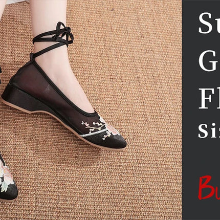 Veowalk Sunflower Embroidered Women Canvas Ballet Flats Ankle Strap Ladies Casual Cotton Chinese Embroidery Ballerina Shoes