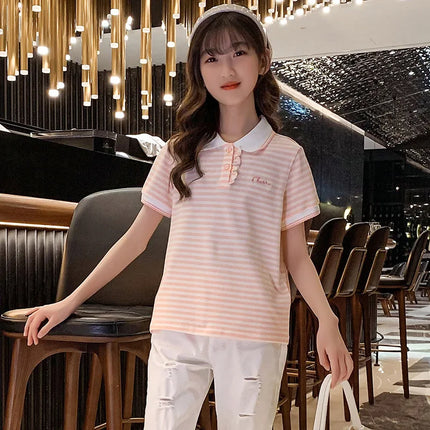 Girls' summer short sleeved polo shirt top, lapel baseball jersey, tennis jersey, cotton medium to large children's striped shir