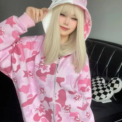 Anime Sanrioed Hello Kittys Zipper Hooded Sweater Girls Cartoon Y2K Couple Cardigan Anime Camouflage Jacket Coat Christmas Gift