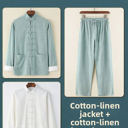 Men's Spring Summer Chinese Style Cotton Linen Long Sleeve Two-Piece Set Traditional Clothing Loose Fit Square Collar Shirt