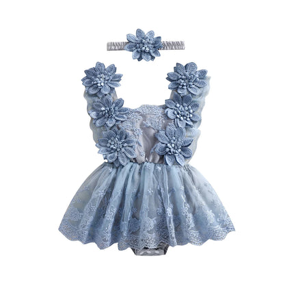 0-24 Months Baby Girl Romper Dress Outfit Flower Embroidery Tie-Up Mesh Bodysuits Bow Headband 2 Piece Summer Set