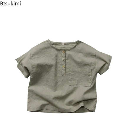 Retro Breathable Polo Shirt Korean Style Children's Summer Cotton and Linen Round Neck T-shirt Boys Girls Simple and Loose Top