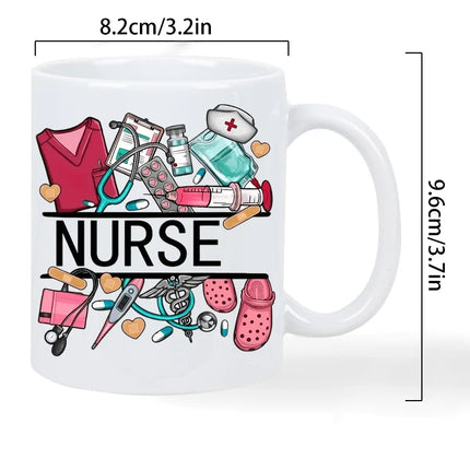Nurse Themed 11 Ounce Ceramic Coffee Mug - Reusable, Insulated Travel Mug with Medical Illustrations, Hand Wash Only - White