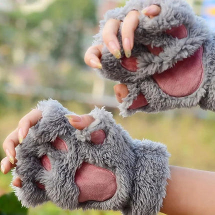 Lovely Plush Cat Claw Paw Gloves Plush Mittens Warm Soft Plush Short Fingerless Fluffy Bear Gloves Costume Half Finger Gloves