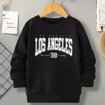 Black Round-Neck Hoodie For Boys, Los Angeles Letter-Printed Top, Children's American Retro Style Casual Pullover