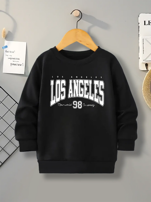 Black Round-Neck Hoodie For Boys, Los Angeles Letter-Printed Top, Children's American Retro Style Casual Pullover