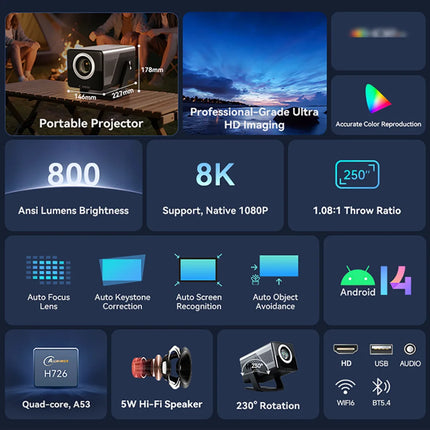 Velec Projector TP900 800 ANSI Lumens Native 1080P 8K Support Android 14 Auto Focus Hi-Fi Speaker Portable Outdoor Home Cinema