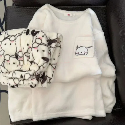 Kawaii Sanrio Hello Kitty Pajamas Cartoon Soft Plush Female Flannel Winter New Plus Velvet Thick Sweet Warm Tracksuit