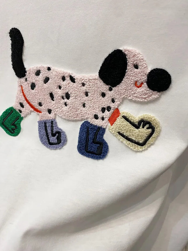Women T-Shirts Loose Streetwear Unisex Fun Dog Embroidered Short Sleeve Cotton Girl Tees Female Top Summer 2026