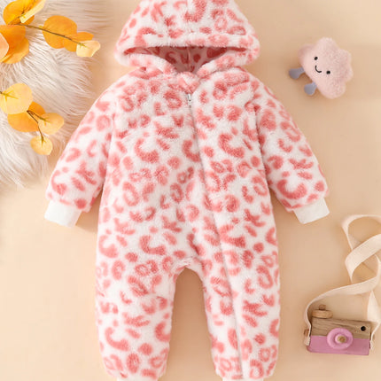 Cute Casual Light Pink Plush Autumn and Winter Leopard Print Comfortable Hooded Baby Jumpsuit