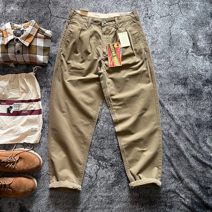 Amekaji Heavyweight Pure Cotton Twill Reinforced Work Pants Loose Tapered Straight-leg Basic Solid Color Casual Trousers for Men