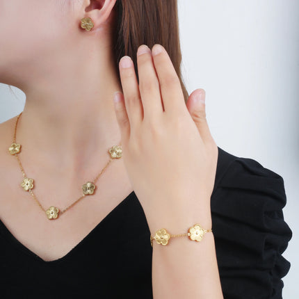 3Pcs/Set Stainless Steel Reversible Metal Laser Bracelet Necklace Earrings Jewelry Set Classic for Women's Accessories Clover