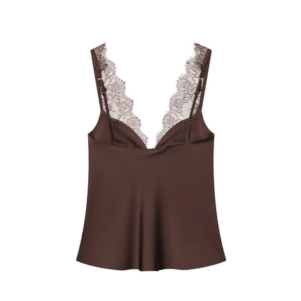 HH Elegant Women's Lace Splice Sexy Satin Sling Top 2026 Spring Summer Fashion Female V-Neck Backless Slimming Underwear Vest