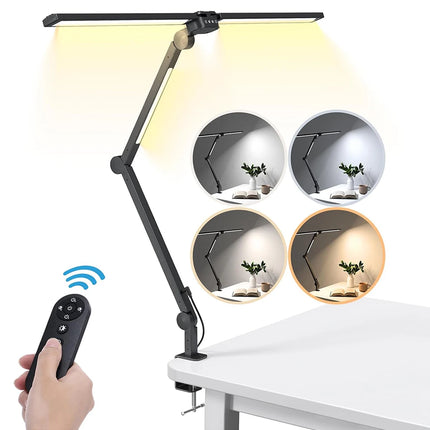 24W LED Clip Desk Lamp with Remote Control Rotatable 3 Head Stepless Dimming Eye-Caring Reading Desk Lamp for Office PC Studying