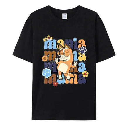 Blueys Bingo Dad Mom T-Shirts Cute Cartoon Tops Summer Parent-child Clothing Adult Anime Figure Black White Tee Family Clothes