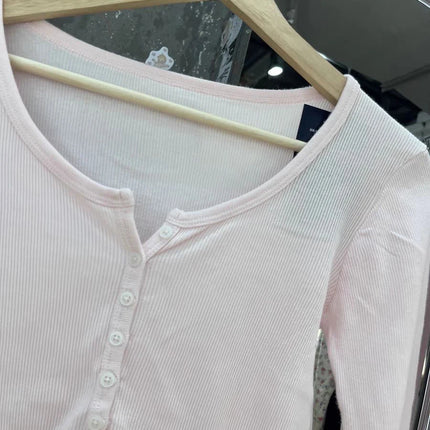 Six Buttons Ribbed Long Sleeve T-shirts Women Spring Round Neck Cotton Slim Tee Top Female Sweet Cute Pink Tshirt Y2k Tops New