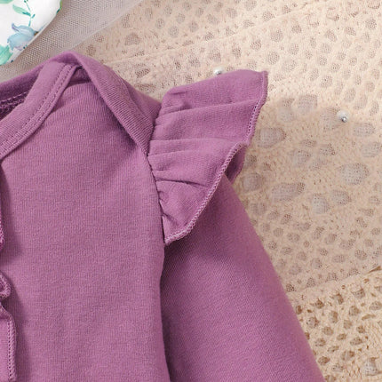 Newborn Girl Baby Set Purple Flared Sleeve Bodysuit + Flower Backband Pant for 0-24 Months Old Female Baby Spring & Autumn Set