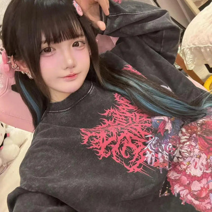 Japanese Harajuku Style Anime Print Subculture Patchwork Color Hoodie Women Gothic Street Punk Y2K Oversized Casual Sweatshirt