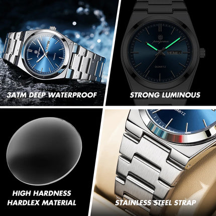 PAAZOMU Luxury Quartz Men's Wristwatch Sport Men Watches Waterproof Luminous Date Week Stainless Steel Men's Watch Male Reloj+box