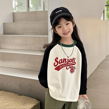 Spring Autumn Boys' Girls' Cotton T-shirts Color-blocking Long-sleeved T-shirts Casual Fashion Children's Clothing Base Shirts