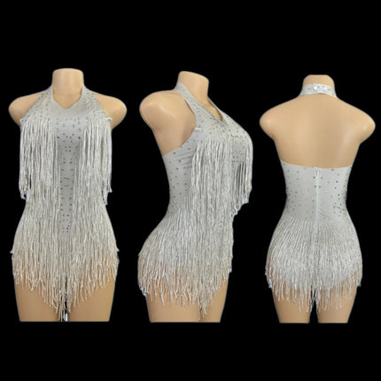 Sparkly Rhinestones Fringe Bodysuit Women Nightclub Party Dance Costume Stage Wear Sexy Tassel Leotard Performance Clothing 7G