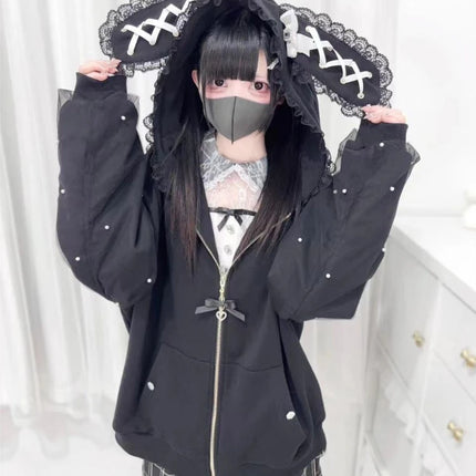 Winter Sweet Cute Rabbit Ears Lolita Coats Women Casual Fashion Bandage Lace Oversized Sweatshirt Y2k Harajuku Hooded Jackets